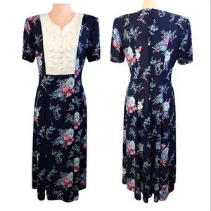VTG 80s 90s Blue White Floral Bib Applique Cottagecore Maxi Dress Size 8